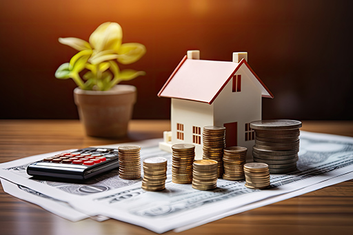The idea of a home loan, represented by a paper application form, along with a money coin and a model of a house, placed on a table. This represents the financial aspect of loans for real estate investments in the commercial and residential sectors.